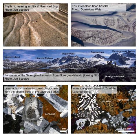 Photographs showing the Skaergaard intrusion and East Greenland flood basalts and photomicrographs
